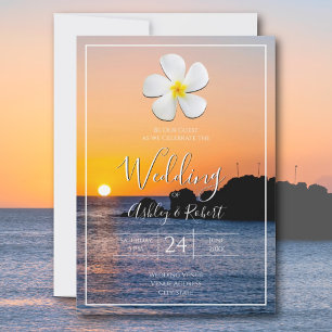 Weiße Plumeria-Blume mit goldenem Sonnenuntergang, Einladung