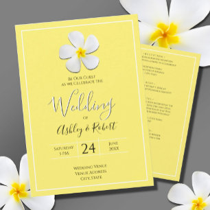 Weiße Plumeria-Blüte auf Gelb, Moderne Hochzeit Einladung