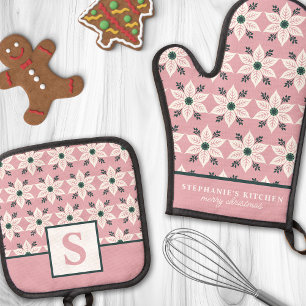 Weiße Poinsettia Mit Monogramm Pink-Floral Ofenhandschuh & Topflappen-Set