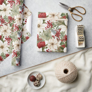 Weiße Poinsettie, roter floraler Weihnachtsstern Geschenkpapier