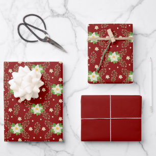 Weiße Poinsettien auf rotem Hintergrund Geschenkpapier Set