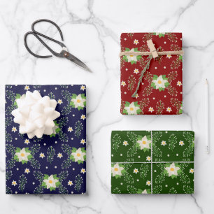 Weiße Poinsettien mit grünem Rot und blauem Hinter Geschenkpapier Set