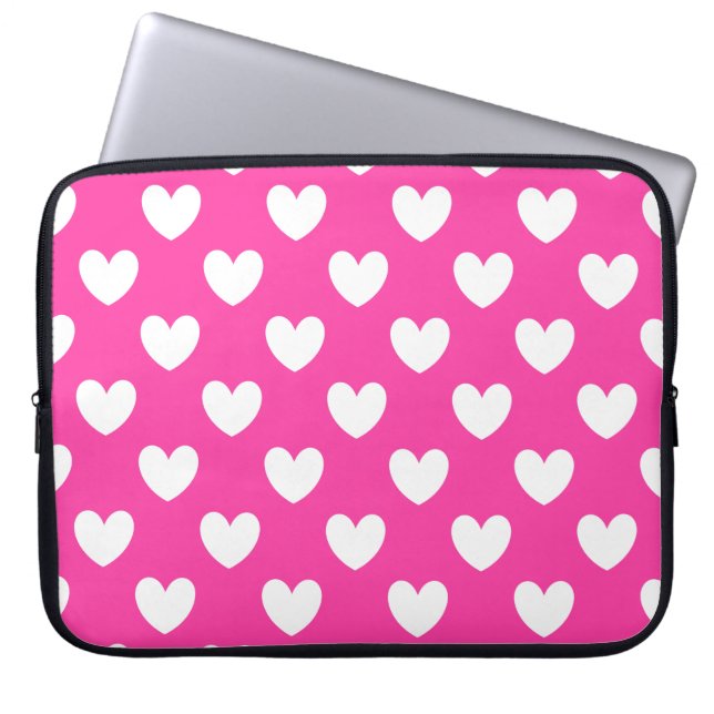 Weiße Polka-Herzen auf Fuchsienrosa Laptopschutzhülle (Vorderseite)