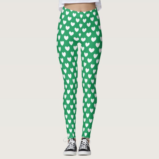 Weiße Polka-Herzen auf Kelly Green Leggings (Vorderseite)