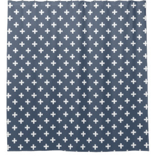 Weiße Polka-Kreuze auf blau-grau Duschvorhang