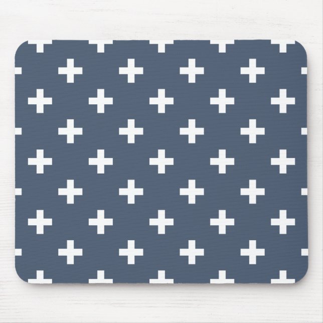 Weiße Polka-Kreuze auf blau-grau Mousepad (Vorne)