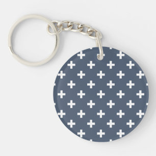 Weiße Polka-Kreuze auf blau-grau Schlüsselanhänger