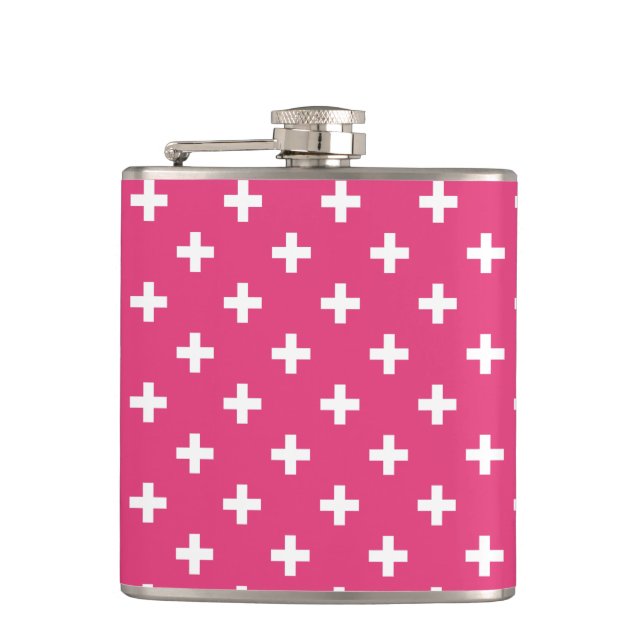 Weiße Polka-Kreuze auf Fuchsia Flachmann (Vorderseite)