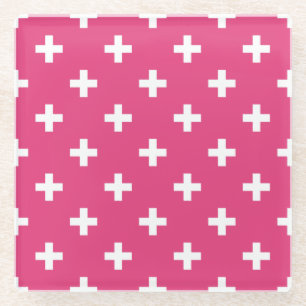 Weiße Polka-Kreuze auf Fuchsia Glasuntersetzer