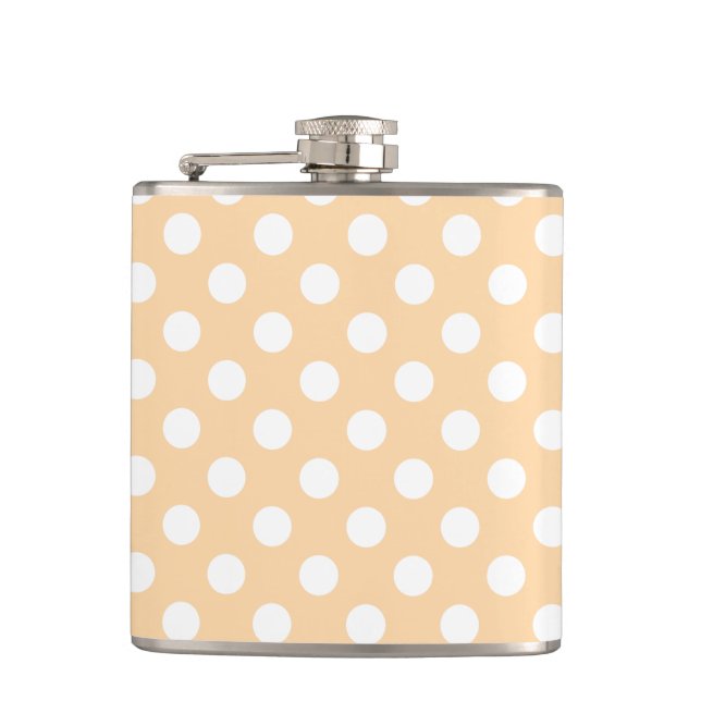 Weiße Polka-Punkte auf Beige Flachmann (Vorderseite)
