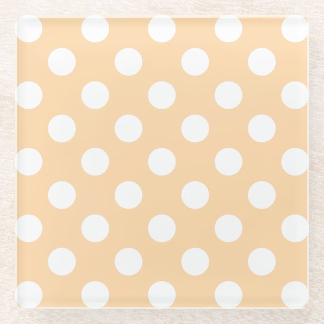 Weiße Polka-Punkte auf Beige Glasuntersetzer (Vorderseite)