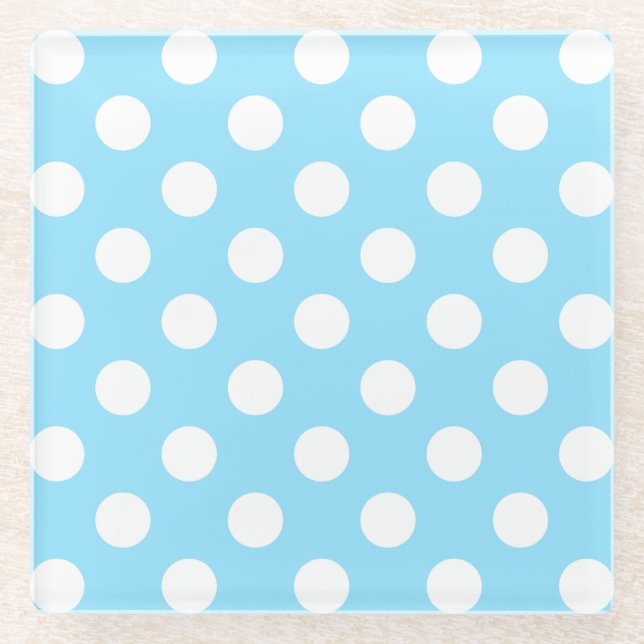 Weiße Polka-Punkte auf blass blau Glasuntersetzer (Vorderseite)