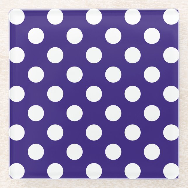 Weiße Polka-Punkte auf dunkelblau Glasuntersetzer (Vorderseite)