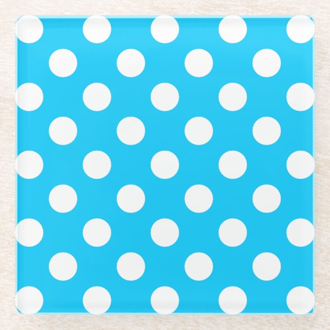 Weiße Polka Punkte auf elektrischem Blau Glasuntersetzer (Vorderseite)