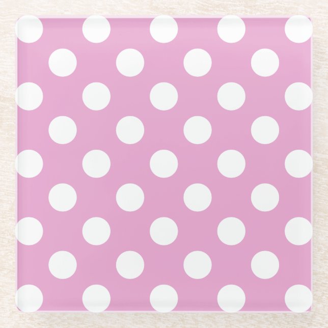 Weiße Polka-Punkte auf hellrosa Glasuntersetzer (Vorderseite)