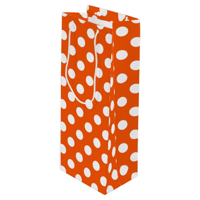 Weiße Polka-Punkte auf Orange Geschenktüte Für Weinflaschen (Vorderseite Schrägansicht)