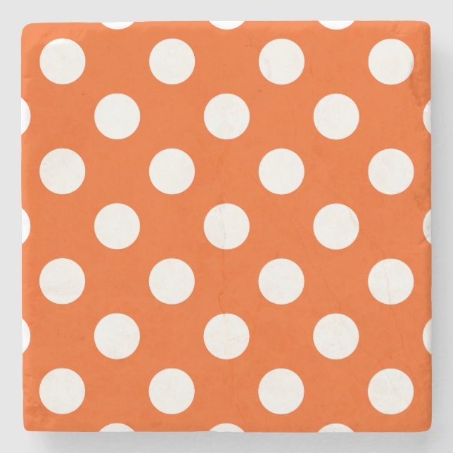 Weiße Polka-Punkte auf Orange Steinuntersetzer (Vorderseite)