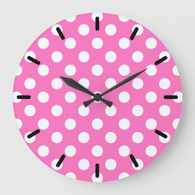 Weiße Polka-Punkte auf rosa Große Wanduhr (Vorderseite)