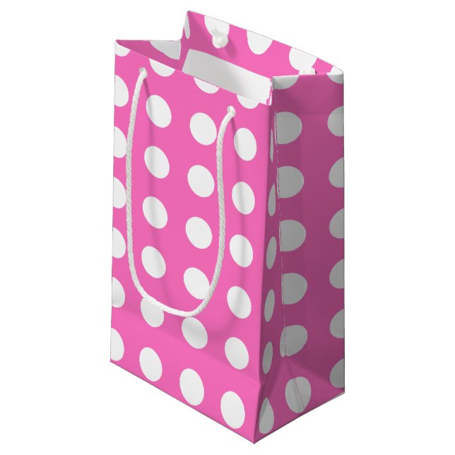 Weiße Polka-Punkte auf rosa Kleine Geschenktüte (Vorderseite Schrägansicht)