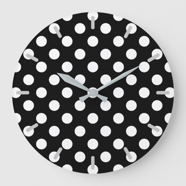 Weiße Polka Punkte auf schwarz Große Wanduhr (Vorderseite)