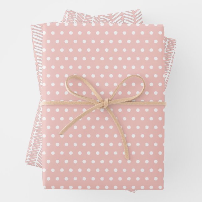 Weiße Polka Punkte Zickzack Streifen Pfirsichfarbe Geschenkpapier Set (Beispiel)
