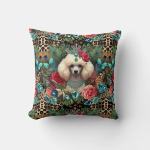 Weiße Poodle Blätterleopard Kissen Print