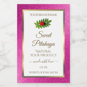 Weiße Produktetiketten mit rosa Glitter und feiner Lebensmitteletikett