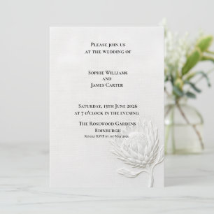Weiße Protea-Blumenrelief-Luxus-Hochzeit Einladung