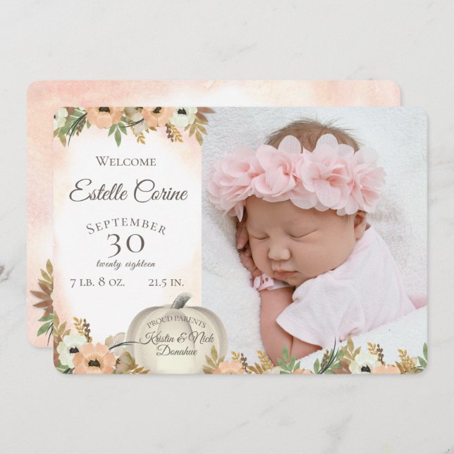 Weiße Pumpkin Floral Geburtsankündigung mit Foto Einladung (Vorne/Hinten)