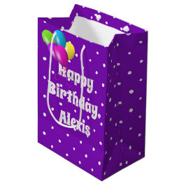 Weiße Punkte auf lila Ballon Geburtstag Mittlere Geschenktüte