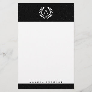 Weiße Punkte auf schwarzem Lorbeer-Monogramm-Polka Briefpapier
