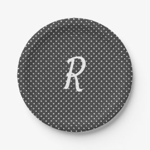 Weiße Punkte auf schwarzem Monogramm Pappteller