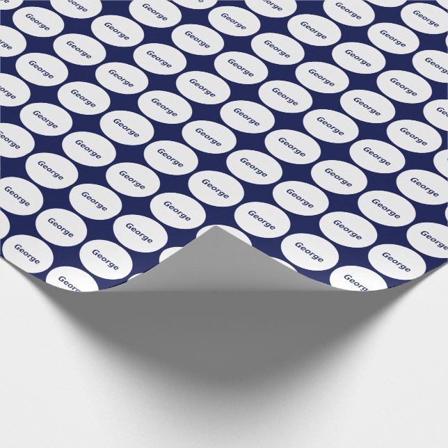 Weiße Punkte Muster auf Navy Blue mit Namen Geschenkpapier (Ecke)