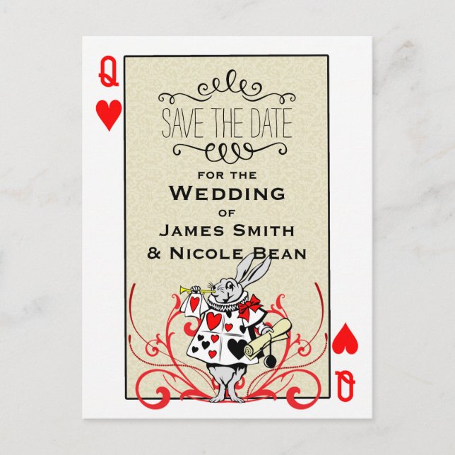 Weiße Rabbit Queen of Hearts Wonderland Rett Date Ankündigungspostkarte (Vorderseite)