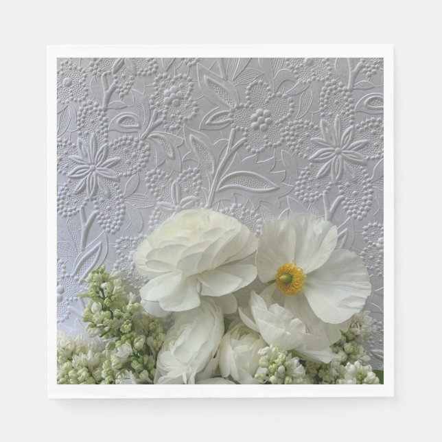 Weiße Ranunculus und Lilaks mit Textfläche Serviette (Vorderseite)