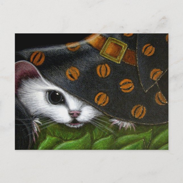 WEISSE RATMAUS MIT WITCH HALLOWEWEE HAT POSTCARD POSTKARTE (Vorderseite)
