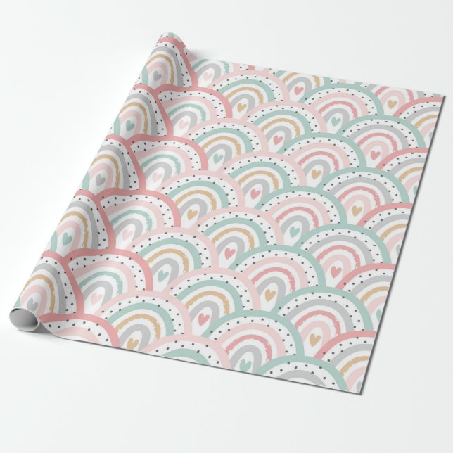 Weiße Regenbogen und Herzpastel Geschenkpapier (Ungerollt)