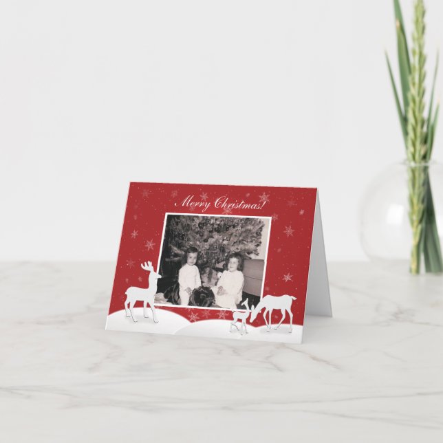 Weiße Rentierkarte und Schneeflocken Feiertagskarte (Vorderseite)