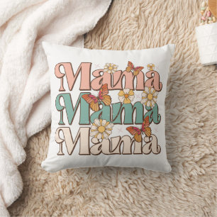 Weiße Retro-Blumen-Schmetterling-Mama-Typografie Kissen