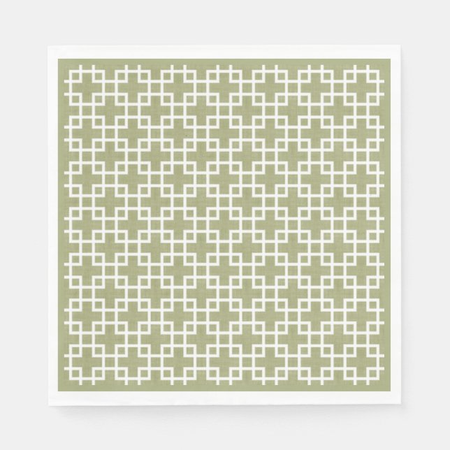 Weiße Retro-Chic-Quadrate-Muster auf Olive Green Serviette (Vorderseite)