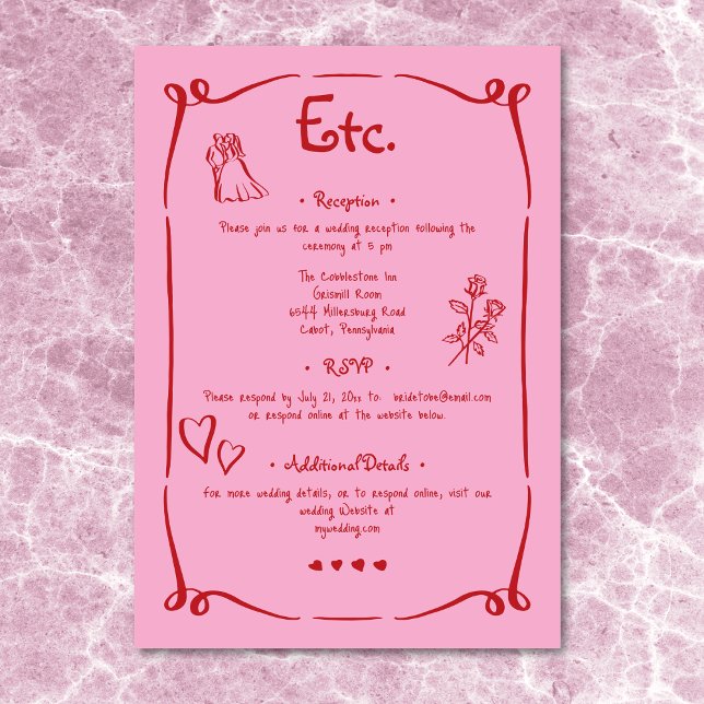 Weiße Retro Hand gezeichnet Rosa Rosa Brautdetails Begleitkarte (Whimsical Retro Hand Drawn Pink Red Wedding Detail Enclosure Card)