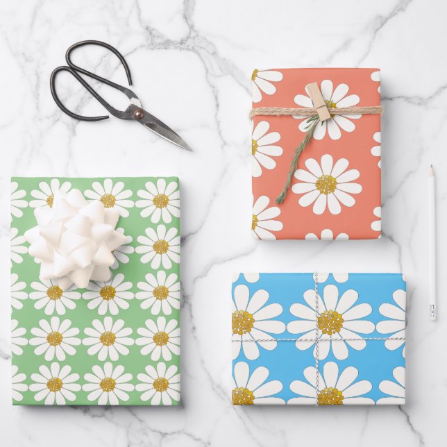 Weiße Retro Moderne Daisy-Blume Muster kundenspezi Geschenkpapier Set (Vorderseite)