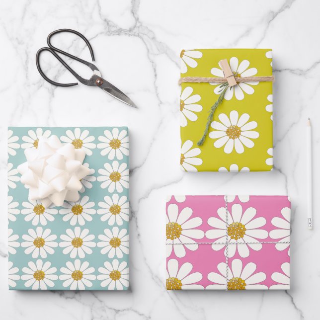 Weiße Retro Moderne Daisy-Blume Muster kundenspezi Geschenkpapier Set (Vorderseite)
