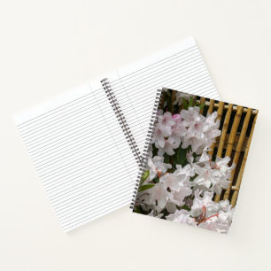Weiße Rhododendronblüten und Bambuszaun Blumen Notizbuch