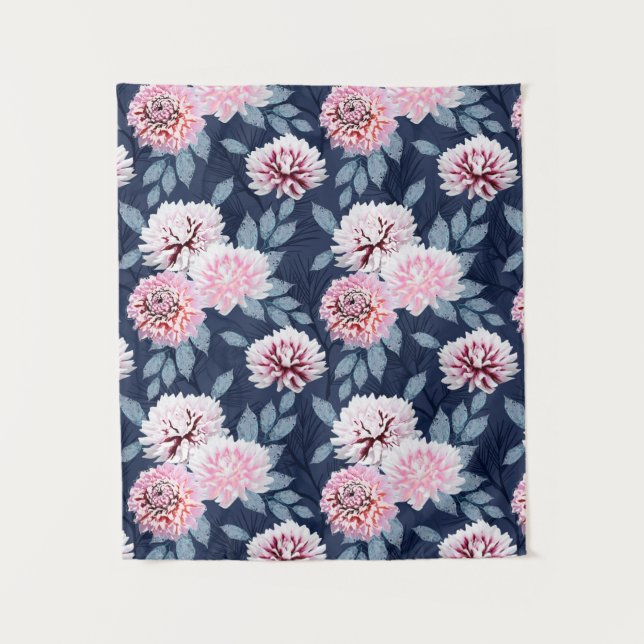 Weiße, rosa Blume auf dunkelblau. Wandteppich (Vorderseite)