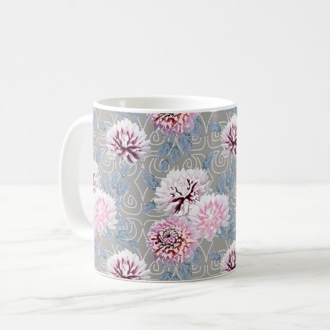 Weiße, rosa Blume auf grau. Kaffeetasse (Vorderseite Links)
