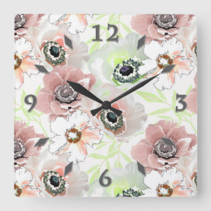 Weiße, rosa Blume. Quadratische Wanduhr