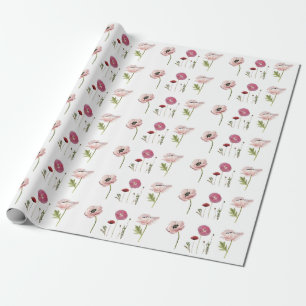 Weiße rosa Mohnblumen Blumenmuster Geschenkpapier