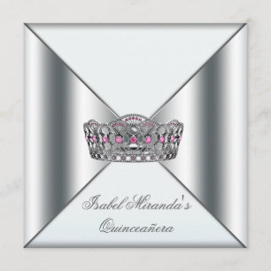Weiße rosa silberne Tiara Quinceanera 15. Party Einladung