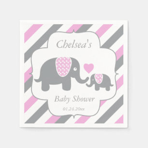 Weiße, rosa u. graue Streifen-Elefant-Babyparty Serviette
